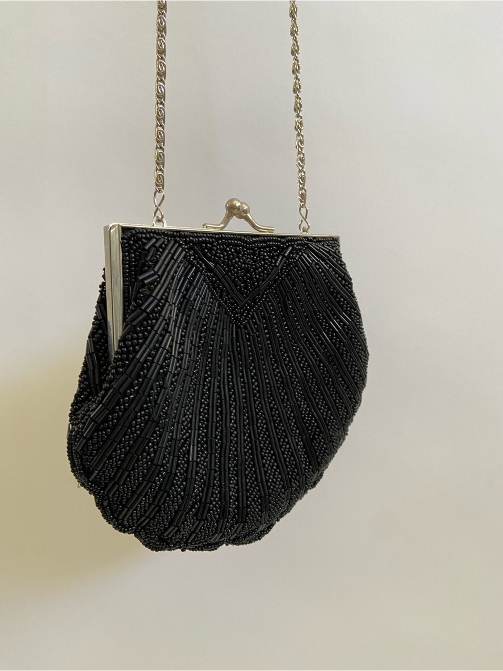 Elegant Black Beaded Evening Bag with Chain Strap